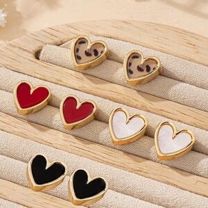 Gold-Tone Heart Stud Earrings - Red, Black, White & Leopard Print